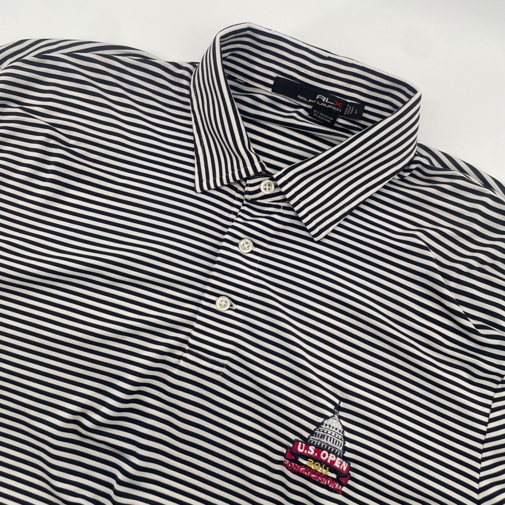 RLX Ralph Lauren Polo Mens L Navy White Striped US Open 2011 Golf Shirt Logo
